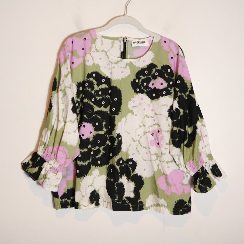 Essentiel Antwerp Fulberry Khaki Lilac Puff Sleeve Floral Blouse XS Preppy Artsy - Picture 2 of 10